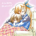  blonde_hair brown_hair couch highres hug long_hair lyrical_nanoha mahou_shoujo_lyrical_nanoha_strikers military military_uniform multiple_girls older san-pon short_hair sleeping tsab_naval_military_uniform twintails uniform vivio yagami_hayate 