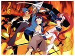  2boys anti-materiel_rifle artist_request belt bikini_top blue_hair boota cape core_drill drill grin gun gurren-lagann kamina kamina_shades katana multiple_boys official_art ponytail red_hair rifle sarashi shirtless simon smile sniper_rifle sword tengen_toppa_gurren_lagann thighhighs weapon yoko_littner 