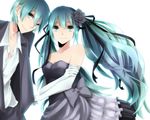  1girl absurdres aqua_eyes aqua_hair bad_id bad_pixiv_id dress elbow_gloves flower genderswap genderswap_(ftm) gloves hair_flower hair_ornament hair_ribbon hatsune_miku hatsune_mikuo highres hinamu long_hair ribbon simple_background smile twintails very_long_hair vocaloid 