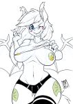 2019 anthro areola bat_pony bat_wings blep blue_eyes blush breasts claws clothed clothing cutie_mark digital_media_(artwork) equid fan_character fangs female hair looking_at_viewer mammal membranous_wings my_little_pony navel nipples one_eye_closed signature solo spot_color tongue tongue_out v_sign wings wink zwitterkitsune 
