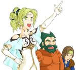  1girl 2boys armor beard black_eyes brown_hair cape circlet dozla dozla_(fire_emblem) dress elbow_gloves eyes_closed facial_hair fire_emblem fire_emblem:_seima_no_kouseki fire_emblem_sacred_stones gloves green_eyes green_hair hand_on_hip headband hips l&#039;arachel l'arachel laugh laughing multiple_boys mustache open_mouth pointing ponytail princess rennac short_hair smile sweat 