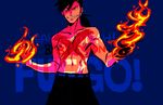  black_hair fire fullmetal_alchemist greed katou_(hyaena) ling_yao male_focus ponytail sharp_teeth shirtless smirk solo teeth translated 