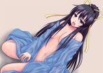  black_hair blue_kimono breasts japanese_clothes kanzaki_kaori kimono long_hair medium_breasts natsuzakura_yuuki open_clothes purple_eyes sitting solo to_aru_majutsu_no_index wet wet_clothes yukata 