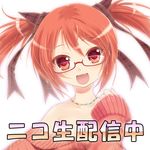  :d bad_id bad_pixiv_id bare_shoulders bespectacled blush bow fang fingernails glasses hair_bow hair_ornament hair_ribbon jewelry necklace open_mouth original porurin red_eyes red_hair ribbon sleeves_past_wrists smile solo sweater twintails 