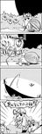  4koma basket bow comic dango drop_trap food gap greyscale hat highres long_hair mask monochrome one_eye_closed sin_sack tani_takeshi touhou translated wagashi yakumo_yukari yukkuri_shiteitte_ne 