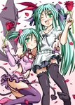  belt blush demon_tail demon_wings dual_persona elbow_gloves fingerless_gloves flower garter_straps gloves green_eyes green_hair hair_ribbon hatsune_miku long_hair multiple_girls navel nonodera_minku one_eye_closed open_mouth petals project_diva project_diva_(series) ribbon short_twintails skirt smile tail thighhighs twintails very_long_hair vocaloid wings world_is_mine_(vocaloid) 