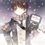  bad_id bad_pixiv_id blue_eyes blush brown_hair confession digital_media_player holding ipod male_focus original plaid plaid_scarf pov product_placement pun2 scarf snow solo 