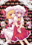  bat_wings blonde_hair blood cosplay costume_switch fang flandre_scarlet flandre_scarlet_(cosplay) hat hug hug_from_behind izayoi_sakuya lavender_hair multiple_girls nosebleed patchouli_knowledge red_eyes remilia_scarlet remilia_scarlet_(cosplay) riyun_(halodark) silver_hair touhou wings 