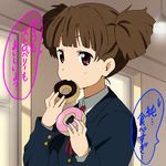  brown_eyes brown_hair doughnut eating food k-on! school_uniform short_hair smile solo suzuki_jun translated yamasaki_wataru 