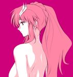  back blue_eyes breasts gundam gundam_seed hair_ornament hairclip highres lacus_clyne long_hair medium_breasts non-web_source nude pink pink_hair ponytail profile simple_background solo zundarepon 