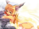  alcohol ass bad_id bad_pixiv_id bathing choko_(cup) cup horns ibuki_suika long_hair looking_back naughty_face nude onsen orange_hair rock sake solo tonbi tongue touhou towel towel_on_head water yellow_eyes 