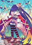  :q amimi bat cape cross crown dress frills green_eyes long_hair multicolored_hair navel panty_&amp;_stocking_with_garterbelt short_shorts shorts solo stocking_(psg) striped striped_legwear thighhighs tongue tongue_out two-tone_hair 