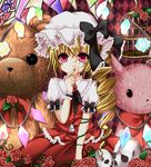  ascot birdcage blonde_hair blood blue_flower blue_rose blush cage cat drill_hair flandre_scarlet flower green_flower green_rose harukaruha hat red_eyes red_flower red_rose rose skull solo stained_glass stuffed_animal stuffed_toy teddy_bear touhou white_flower white_rose wings yellow_flower yellow_rose 