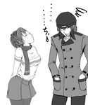  1girl aragaki_shinjirou beanie blush casual closed_eyes female_protagonist_(persona_3) greyscale hat monochrome pantyhose persona persona_3 persona_3_portable scarf short_hair suta_furachina translation_request trench_coat 