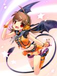  :d ahoge bad_id bad_pixiv_id bandaid bat_wings belt bracelet brown_hair demon_girl ech fang fingerless_gloves fingernails gloves halloween headset highres jewelry midriff nail_polish navel open_mouth original red_eyes shorts skates skirt smile solo star tail wings 