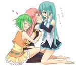  aqua_hair bad_id bad_pixiv_id blue_eyes bound breast_grab breasts grabbing green_hair gumi hatsune_miku koma_(remi_398) long_hair megurine_luka multiple_girls no_legwear pink_hair small_breasts smile tied_up translated vocaloid yuri 