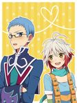  1girl 38_(giselle0) blue_eyes blue_hair blue_shirt blush crossed_arms glasses heart heart_of_string hubert_ozwell multicolored_hair pascal scarf shirt tales_of_(series) tales_of_graces yellow_eyes 
