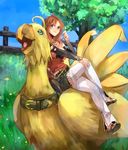  ahoge belle_(ffcc) belt bird blue_eyes bow breasts brown_eyes brown_hair chocobo cleavage day final_fantasy final_fantasy_crystal_chronicles final_fantasy_crystal_chronicles_the_crystal_bearers grass jewelry large_breasts long_hair mochako_(motyako) necklace open_mouth sandals sidesaddle sky solo tree 