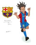  black_hair chickenb dark_skin fc_barcelona full_body inazuma_eleven inazuma_eleven_(series) mack_roneejo male_focus parody soccer_uniform solo sportswear white_background 