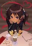  aoi_sora_(pairan) bangs brown_background brown_eyes brown_hair casual chin_rest dark_skin eyewear_removed face food gift glasses hair_ornament hairclip hands_on_own_face ice_cream incoming_gift looking_at_viewer mouth_hold original pairan parfait pen pov_across_table pov_dating scarf short_twintails sleeves_past_wrists smile solo spoon sundae table twintails valentine 