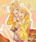  1girl bad_id bad_pixiv_id beamed_eighth_notes brother_and_sister casual digital_media_player eighth_note heart hood hoodie ipod kagamine_len kagamine_rin musical_note quarter_note sakou_mochi siblings speech_bubble spoken_heart spoken_musical_note twins vocaloid 
