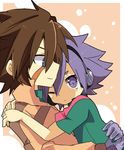  2boys blue_eyes brown_hair genda_koujirou headphones hug inazuma_eleven inazuma_eleven_(series) lowres multiple_boys narukami_kenya one_eye_closed purple_eyes purple_hair wink 