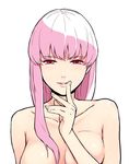  arakawa_under_the_bridge bad_id bad_pixiv_id breast_press breasts collarbone covering covering_breasts face hands lips long_hair maria_(arakawa) medium_breasts naughty_face nude pink_eyes pink_hair simple_background smile solo urue 