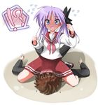  1boy 1girl blue_eyes blush bow brown_hair embarrassed full-face_blush hair_bow hair_ornament hiiragi_kagami hiraku long_hair lucky_star open_mouth pink_neckwear purple_hair ribbon ryouou_school_uniform school_uniform serafuku shiraishi_minoru short_hair sitting sitting_on_face sitting_on_person skirt spread_legs sweatdrop twintails 