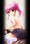  bad_id bad_pixiv_id bare_back bare_shoulders blush bra breasts formal frilled_bra frills from_behind lingerie long_hair looking_at_viewer looking_back medium_breasts no_shirt on_floor open_clothes open_mouth open_skirt original pink_bra pink_hair pleated_skirt ponytail red_eyes shiramori_yuse sitting skirt skirt_hold solo suit thighhighs underwear wariza white_legwear 
