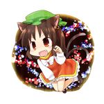  animal_ears bow bowtie brown_eyes brown_hair cat_ears cat_tail chen chibi earrings fang fingernails hair_bow hat jewelry long_fingernails mary_janes multiple_tails nail_polish nekomata open_mouth red_skirt shoes short_hair skirt solo tail touhou transparent_background yamabuki_(yusuraume) 