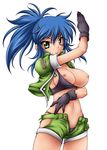  bad_id bad_pixiv_id blue_hair bra breasts gloves green_eyes jacket leona_heidern lingerie long_hair medium_breasts navel nipple_slip nipples onizuka_takuto open_fly panties ponytail shorts sleeves_rolled_up solo the_king_of_fighters torn_clothes underwear unzipped 