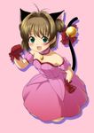  :3 :d animal_ears bell bow brown_hair cardcaptor_sakura cat_ears choker cosplay fang gloves green_eyes highres jingle_bell kinomoto_sakura kuri_youkan mew_ichigo mew_ichigo_(cosplay) open_mouth pink_choker red_gloves ribbon short_hair smile solo tail tail_bell tail_bow tail_ribbon tokyo_mew_mew 