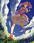  bad_id bad_pixiv_id bloomers bow bubble_skirt cloud day dress fisheye hair_bow kaname_madoka magical_girl mahou_shoujo_madoka_magica open_mouth pink_eyes pink_hair shoes short_hair short_twintails skirt sky solo twintails underwear yasumo_(kuusouorbital) 