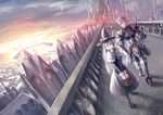  1girl armor bad_id bad_pixiv_id basket castle cityscape dutch_angle fantasy foreshortening hat highres horizon mushroom pixiv_fantasia pixiv_fantasia_5 sky walking witch_hat yonasawa 