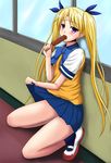  blonde_hair hot_dog long_hair natsuzakura_yuuki oniichan_no_koto_nanka_zenzen_suki_janain_dakara_ne!! purple_eyes school_uniform sexually_suggestive skirt skirt_lift solo sweater_vest tsuchiura_iroha twintails 