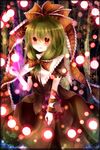  bad_id bad_pixiv_id bow danmaku dress frills front_ponytail green_hair hair_bow hair_ribbon highres kagiyama_hina leaf maho_moco red_eyes ribbon solo touhou 