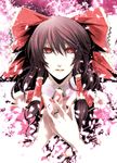  bad_id bad_pixiv_id banned_artist black_hair bow face hair_bow hair_tubes hakurei_reimu hands_on_own_chest jewelry nail_polish petals red_eyes ring s_tanly solo touhou upper_body 