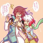  1girl 3110sora :d ahoge asbel_lhant blue_eyes blue_shirt blush coat green_shirt happy multicolored_hair one_eye_closed open_mouth pascal red_hair scarf shirt short_hair shorts simple_background smile tales_of_(series) tales_of_graces tongue translated white_hair yellow_eyes 