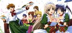  absurdres ahoge blonde_hair blue_eyes blue_hair breasts brown_hair cleavage dress drink fate_testarossa food green_eyes hair_ornament hairclip headdress heart higa_yukari highres isis_eaglet lily_strosek long_hair lyrical_nanoha mahou_senki_lyrical_nanoha_force medium_breasts multiple_girls non-web_source nyantype one_eye_closed open_mouth ponytail purple_eyes raising_heart red_eyes short_hair side_ponytail strike_cannon subaru_nakajima takamachi_nanoha thoma_avenir twintails waitress x_hair_ornament yagami_hayate yellow_eyes 