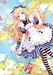  absurdres alice_(wonderland) alice_in_wonderland apron blonde_hair blue_eyes breasts buttons card cookie dress food hair_ribbon highres long_hair lying lying_card map medium_breasts nardack on_back pocket_watch ribbon solo striped striped_legwear thighhighs watch 