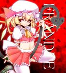  between_legs blonde_hair character_name engrish flandre_scarlet hat laevatein midriff navel ranguage red_eyes seductive_smile short_hair smile solo tanaka_ginji thighhighs touhou white_legwear wings 