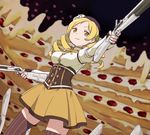 bad_id bad_pixiv_id beret blonde_hair blurry brown_legwear depth_of_field detached_sleeves drill_hair dual_wielding dutch_angle fingerless_gloves from_below gloves gun hair_ornament hairpin hat holding magical_girl magical_musket mahou_shoujo_madoka_magica pleated_skirt puffy_sleeves ribbon rifle samtx skirt smile solo striped striped_legwear thighhighs tomoe_mami twin_drills twintails vertical-striped_legwear vertical_stripes weapon witch's_labyrinth yellow_eyes zettai_ryouiki 