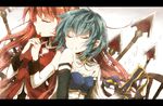 bad_id bad_pixiv_id bare_shoulders blue_hair buttons cape closed_eyes detached_sleeves gem hair_ornament hairpin hands_clasped hisona_(suaritesumi) letterboxed long_hair magical_girl mahou_shoujo_madoka_magica miki_sayaka multiple_girls musical_note open_mouth own_hands_together polearm red_hair sakura_kyouko short_hair spear sword weapon 