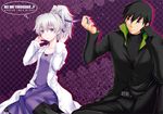  1girl bad_id bad_pixiv_id belt black_hair blue_eyes darker_than_black dress hair_ribbon hei open_mouth ponytail purple_dress purple_eyes rakuto_mangan ribbon short_hair silver_hair yin 