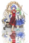  bad_id bad_pixiv_id blonde_hair blue_hair detached_sleeves feet frog green_eyes green_hair hair_ornament hand_on_headwear hands_on_lap hat kochiya_sanae long_hair moriya_suwako moros multiple_girls orange_eyes reflection rope sandals shimenawa short_hair sitting smile snake thighhighs touhou water white_legwear yasaka_kanako yellow_eyes 