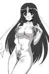  areola_slip areolae bangs black_hair blush body_blush breasts cowboy_shot groin hand_on_own_chest hand_on_own_stomach headband light_smile long_hair looking_at_viewer maebari makinaru monochrome navel nude ofuda parted_bangs pasties queen's_blade sidelocks simple_background smile solo standing tomoe translation_request very_long_hair 