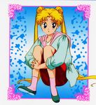  :o bangs bishoujo_senshi_sailor_moon blonde_hair blue_eyes casual double_bun double_buns folded_hands jacket leg_hug official_art portrait shoes sitting tsukino_usagi twintails 