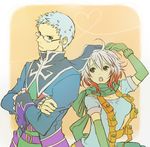  1girl blue_eyes blue_hair blue_shirt crossed_arms glasses gloves heart heart_of_string hubert_ozwell multicolored_hair pascal scarf shirt tales_of_(series) tales_of_graces yellow_eyes 