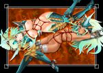  armor armpits bdsm blue_eyes bondage bound breast_bondage breasts crotch_rope dark_skin large_breasts medium_breasts mojarin_(kihara_mojarin) monster_hunter monster_hunter_portable_3rd multiple_girls nipples orange_eyes shibari thighhighs zinogre_(armor) 