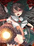  aiming_at_viewer arm_cannon bad_id bad_pixiv_id bow brown_hair chirosuke firing foreshortening green_bow hair_bow highres one_eye_closed red_eyes reiuji_utsuho solo touhou weapon wings 